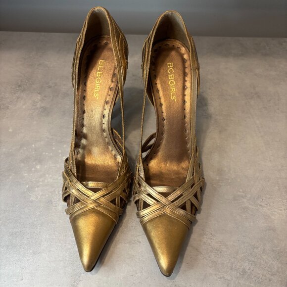 BCBGirls Genuine Leather Metallic Gold High Heel Shoes Size 8 - Picture 7 of 8